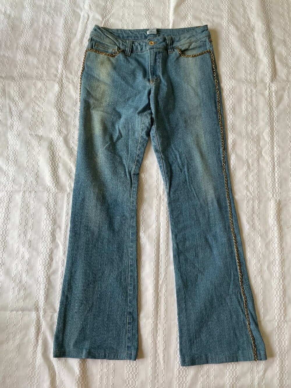 Cache Blue Denim Flared Jeans with Side Chain Trim Grunge Alt Rock